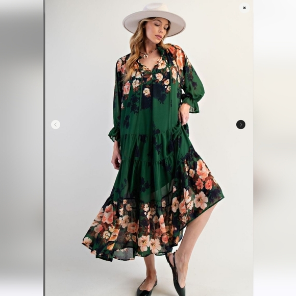 New Easel Green Floral Print Long Sleeve Maxi Dress - Picture 2 of 6